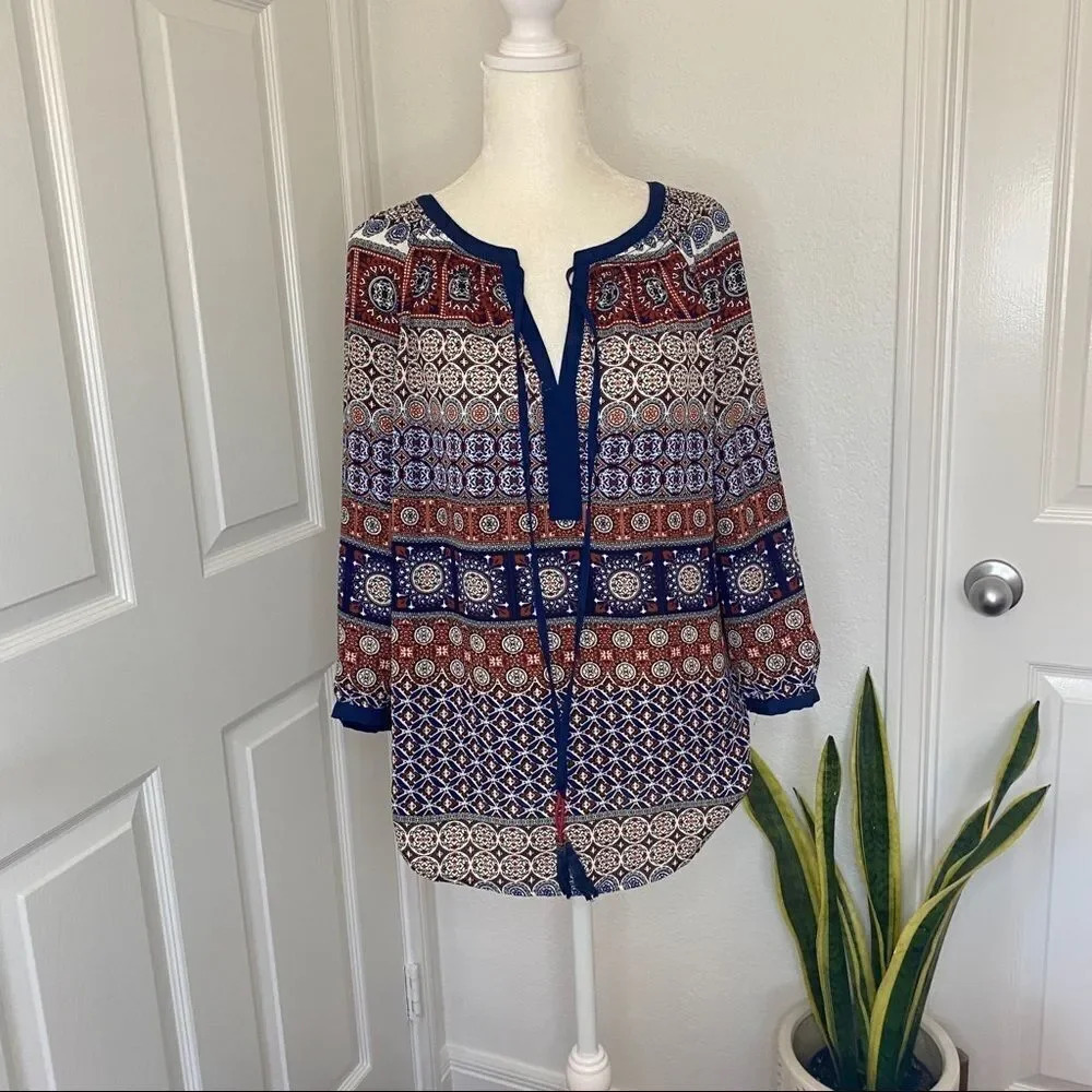 Like New Daniel Rainn Stitch Fix Paisley 3/4 Sleeve Length Blouse with Tassels - Picture 2 of 14